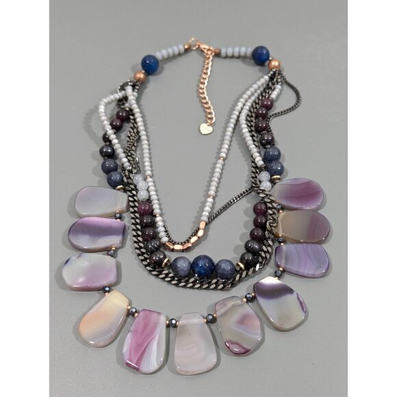 Nakamol Stone Beaded Statement Necklace Boho Layered Bib Gray Chain 18 in - Picture 2 of 9